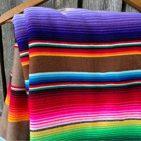 Mexican Woven Serape Saltillo Multicolor Rainbow Fringed Throw Blanket - Picture 3 of 8